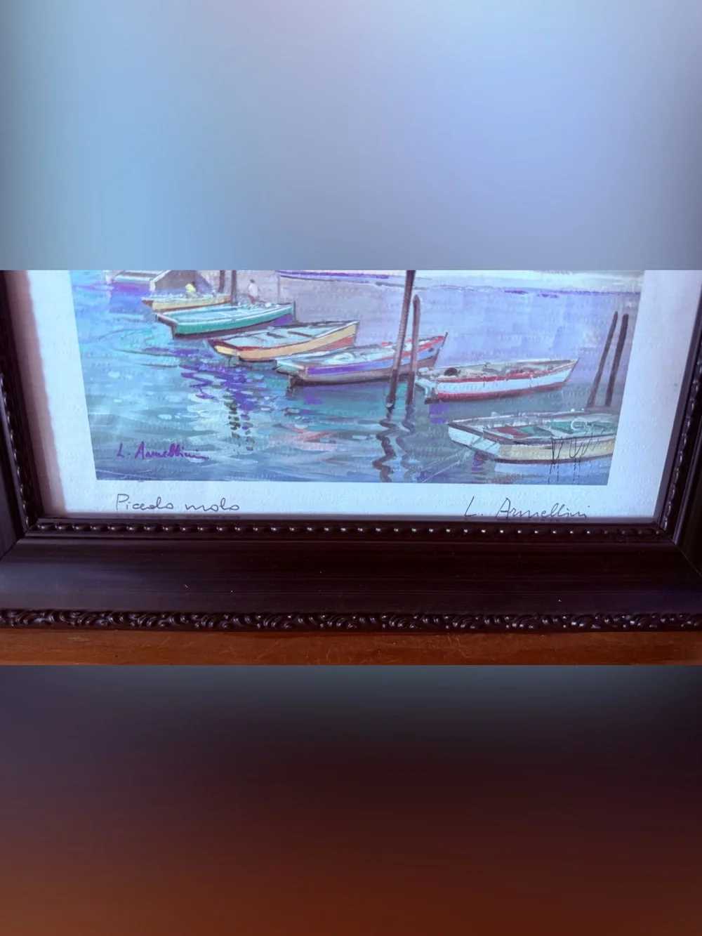 L. Armellini “Piccolo Molo” Signed Italian Harbor Art Print Framed 13” x 11”